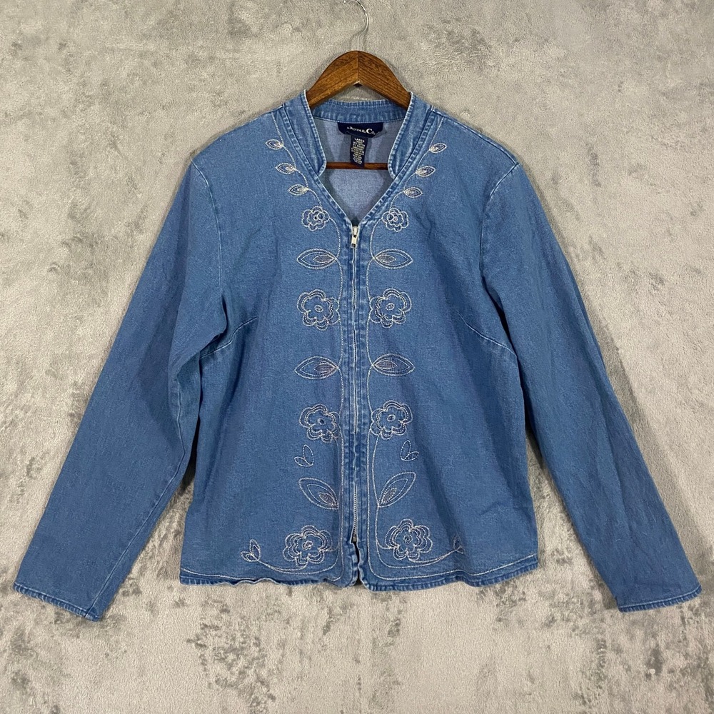 Denim & Co Jacket Sz L Blue Floral Embroidered Zip Front Mock Neck Denim Coastal
